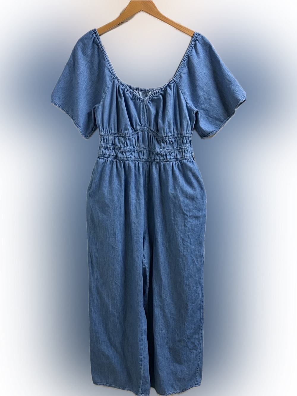 Light Blue Denim Wide-Leg Short-Sleeve Jumpsuit